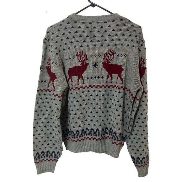 Vintage Sleep Slopes Gray Red Reindeer Christmas Sweater L 100% Virgin Acrylic - Picture 3 of 7